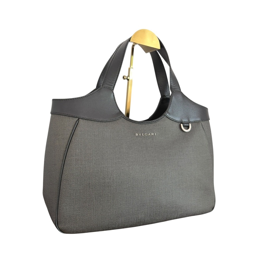Bvlgari Gray Herringbone Coated Canvas Leather Trim Tote Bag Italy Dust Bag